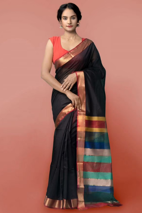 Black Maheshwari Saree With Multicolor Pallu