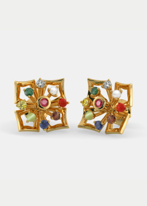 Floral Stud Navratna Earrings