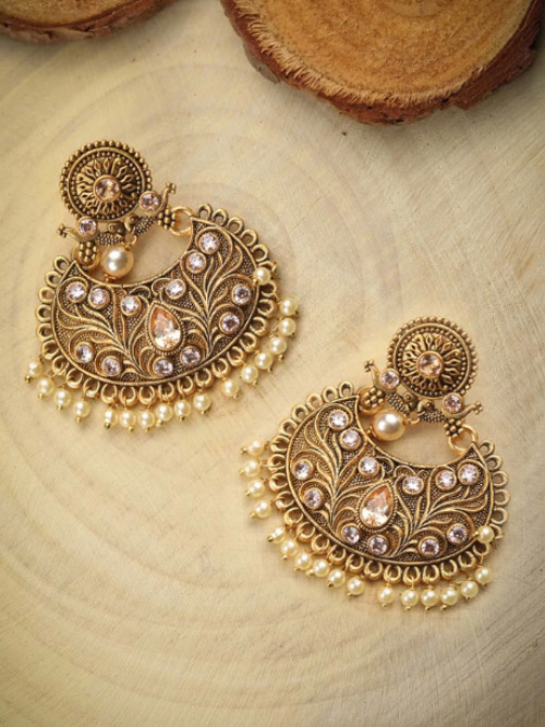 Kundan Beads Studded Chandbali Earrings