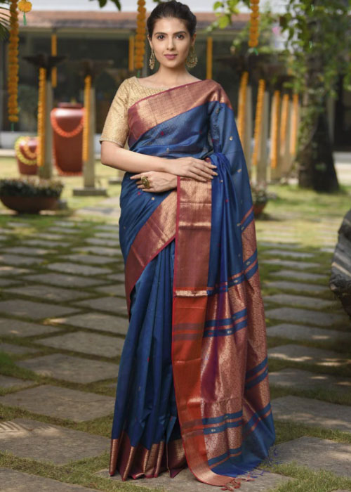 Blue Maheshwari Cotton Silk Saree