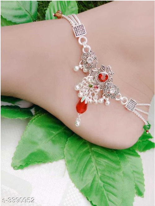 3 Layer Stone Studded Silver Anklet