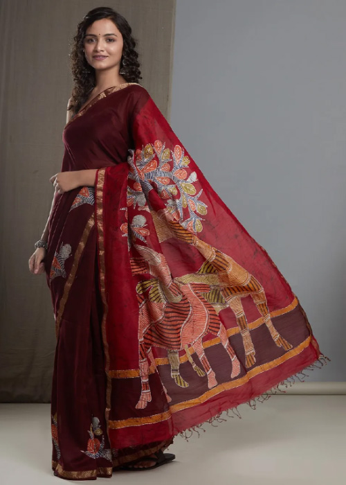 Burgundy Maheshwari Silk Saree