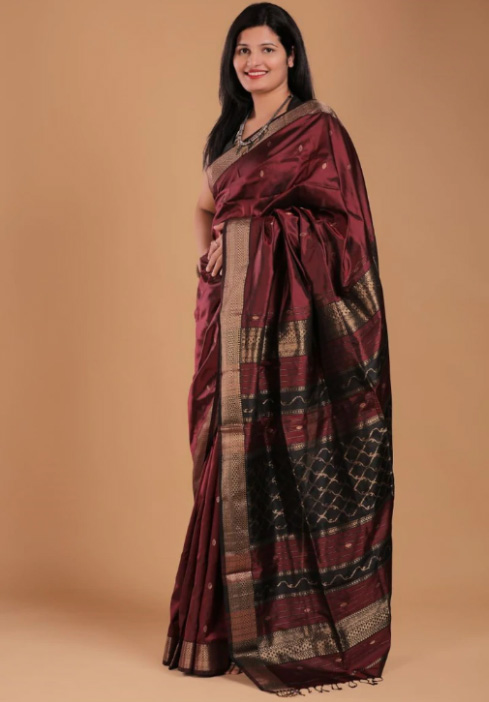Wine Color Maheshwari Silk Saree