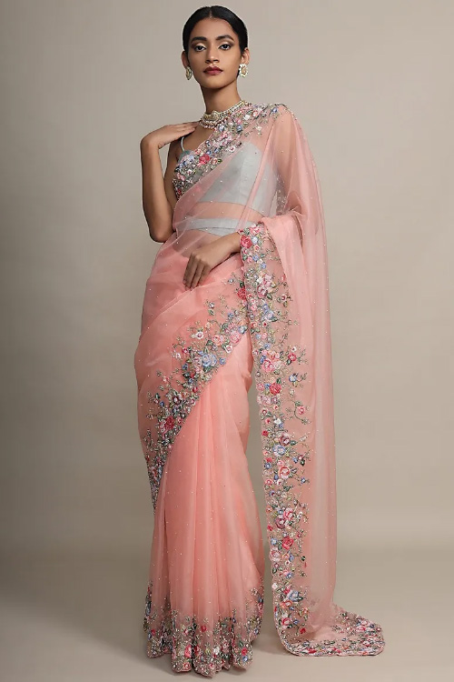 Peach Embroidered Saree In Organza Fabric