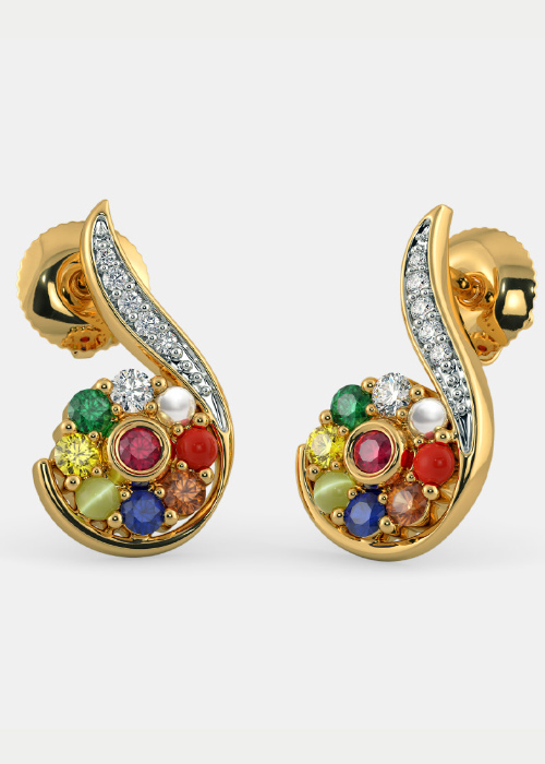 Diamond Stud Navratna Earrings