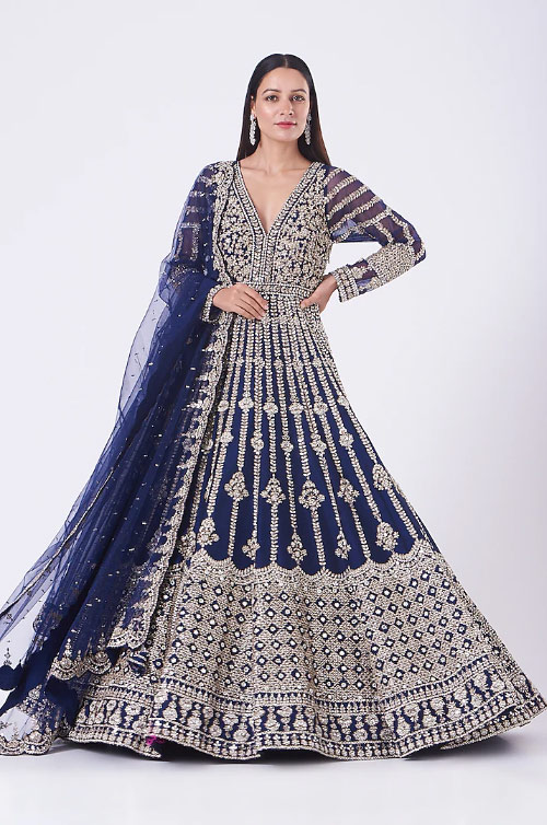 Navy Blue Embroidered Gown With Dupatta