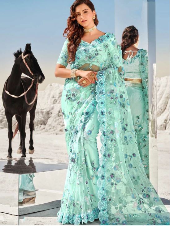 Aqua Blue Cut Border Work Net Saree