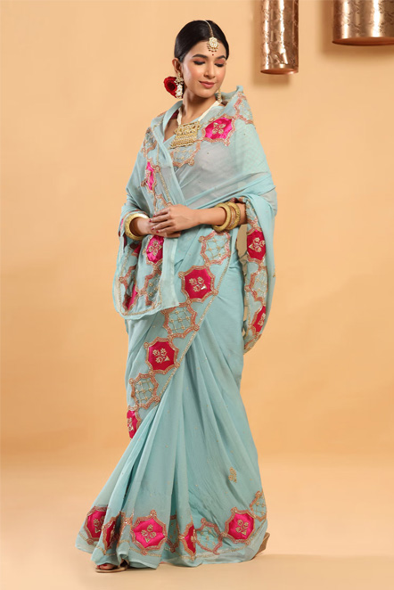 Aqua Blue Embroidered Chiffon Saree