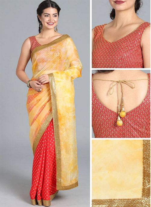 Art Silk Yellow And Red Half Saree