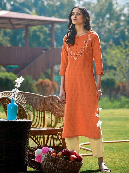 Thread Work Orange Kurti