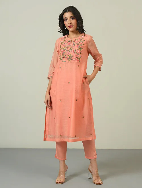 Silk Cotton Kurta In Peach