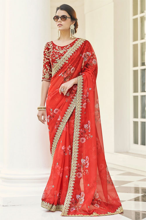 Red Saree With Beautiful Golden Border