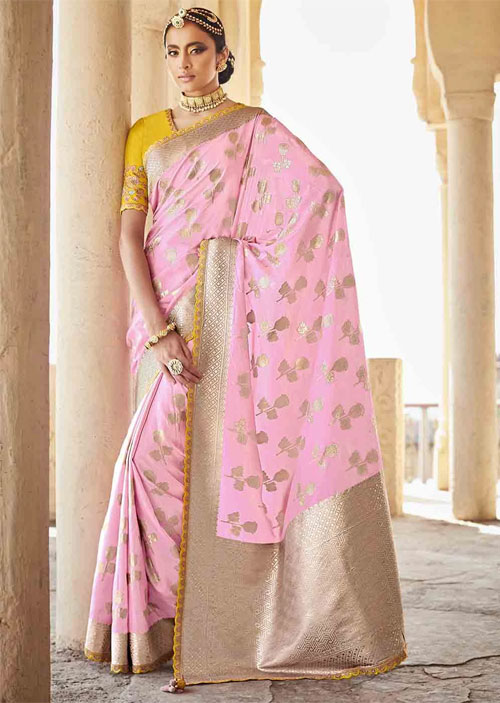 Pink Banarasi Silk Saree With Contrast Color Blouse