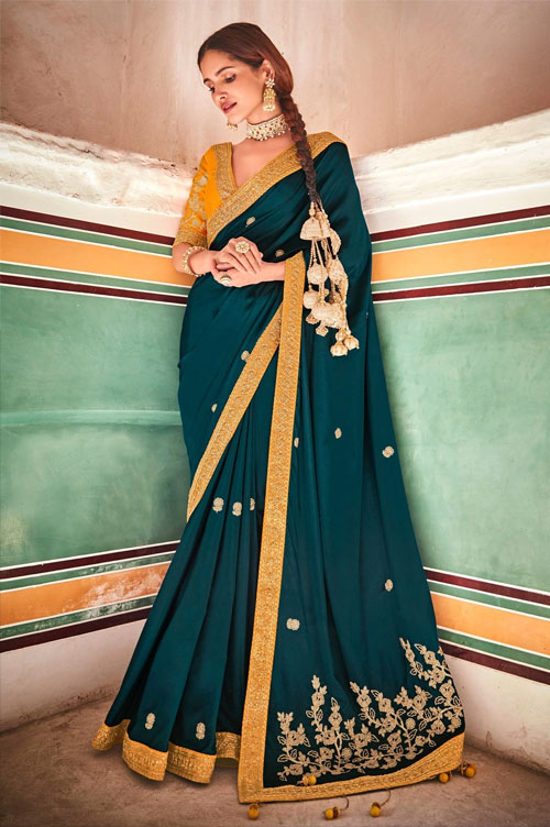 Rama Blue Saree With Embroidered Pallu