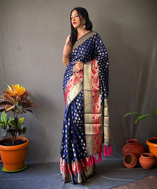 Navy Blue Zari Woven Saree