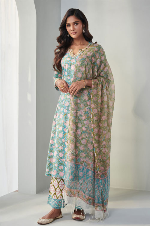 Floral Printed Blue Kurta