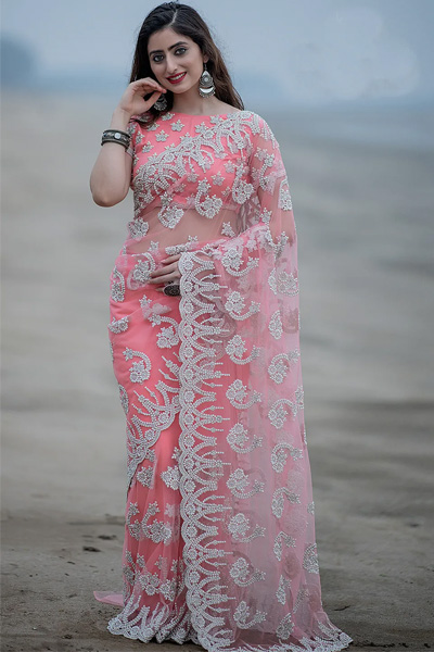 Beautiful Net Saree In Peach