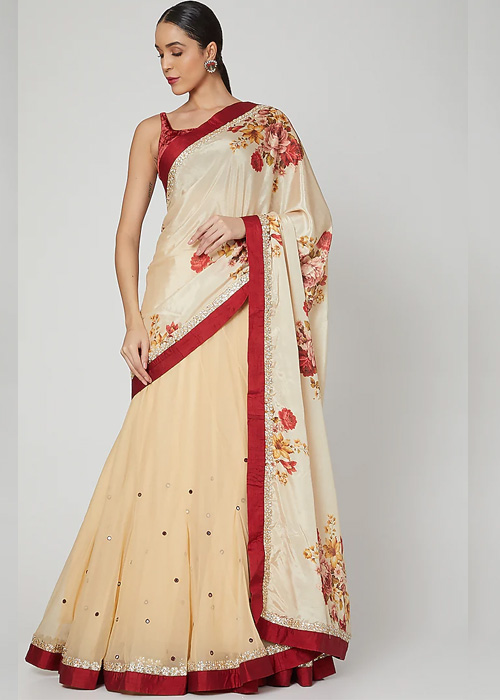 Beige Embroidered Lehenga Saree