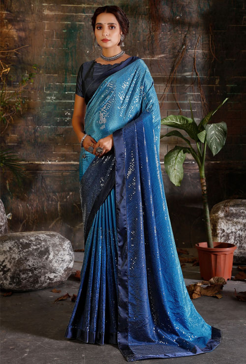 Blue Crepe Saree In Sequin Work