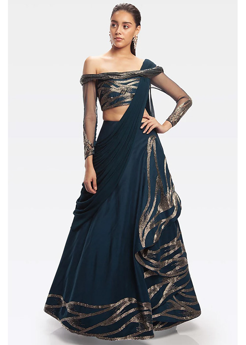 Blue Embroidered Lehenga Saree