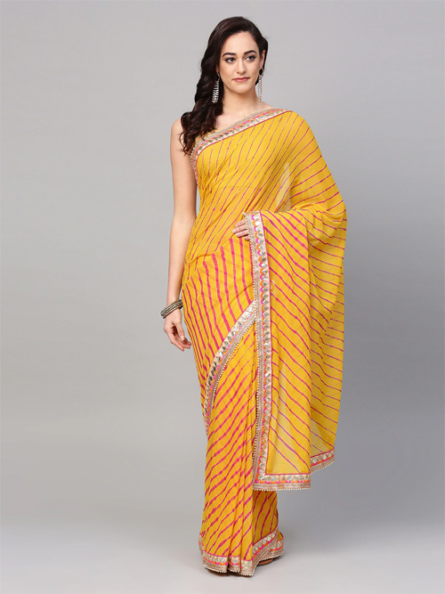 Chiffon Yellow Saree With Silver Border