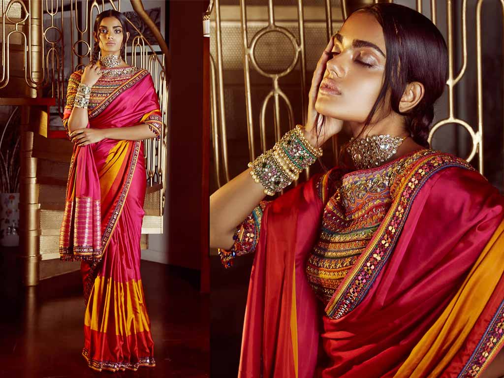 Color Block Saree With Multi Color Embroidered Blouse