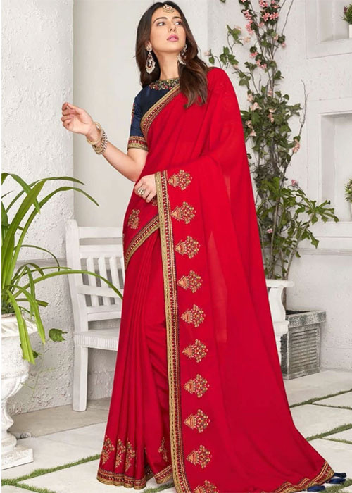 Crimson Red Embroidered Saree With Golden Border