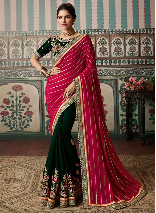 Dark Green And Hot Pink Half Saree