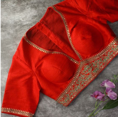 Deep V Neck Red Border Work Blouse