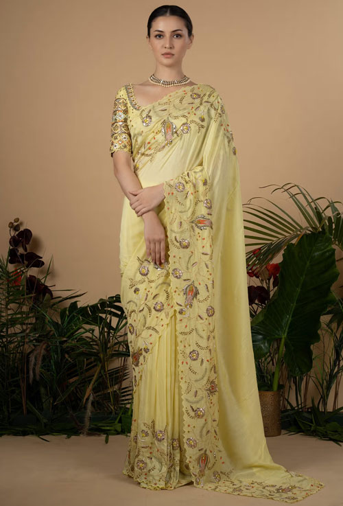 Designer Cotton Silk Saree In Yellow Color