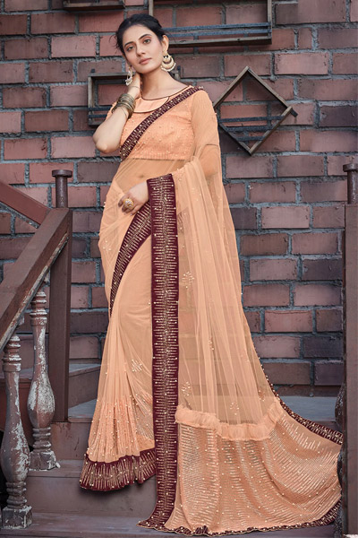 Designer Peach Net Saree With Designer Blouse