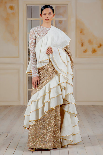 Designer Ruffle saree In Net And Chanderi Fabric