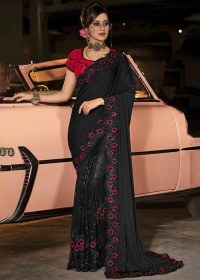 Designer Sequin Work Black Saree With Red Designer Blouse