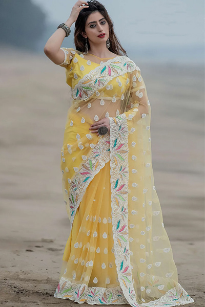 Designer Yellow Saree With Moti Work