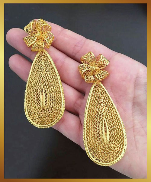 Flower Shape Jaal Design Drop Gold Earrings