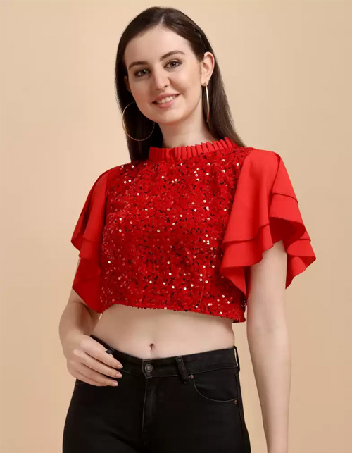 Frill High Neck Red Blouse