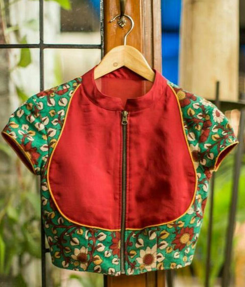 Front Chain Red And Green Blouse Design