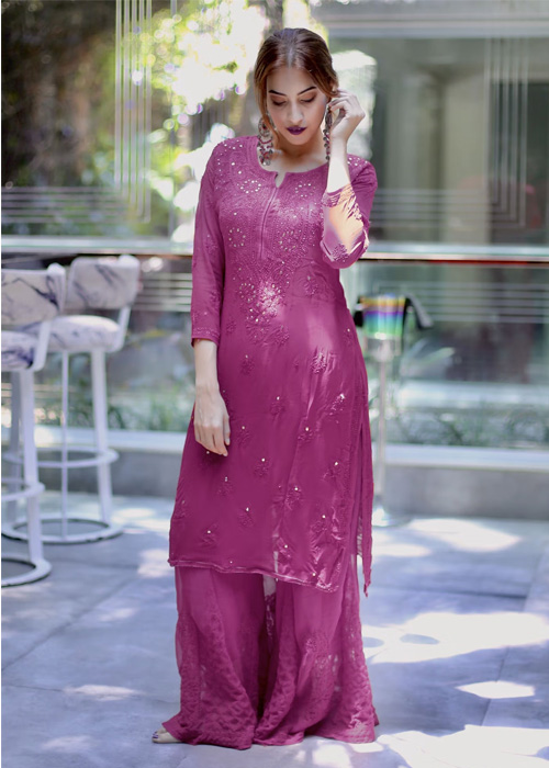 Georgette Chikankari Kurta In Dark Pink Color