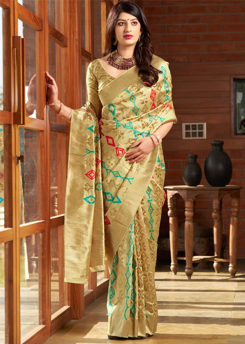 Golden And Beige Patola Saree