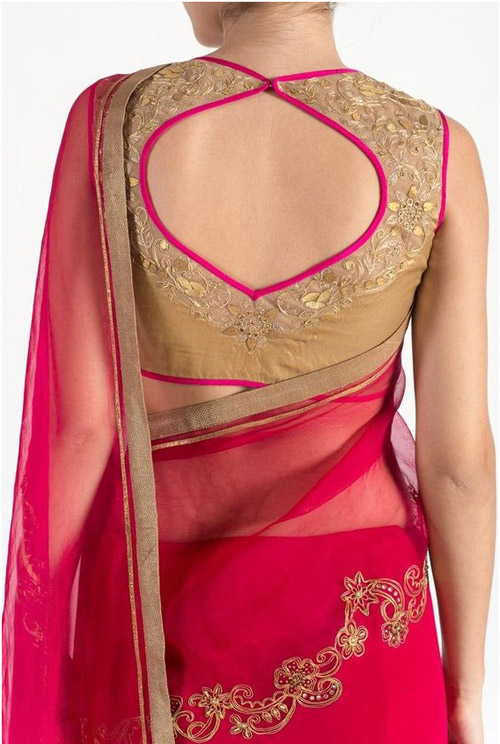 Golden Blouse With Pink Border Work