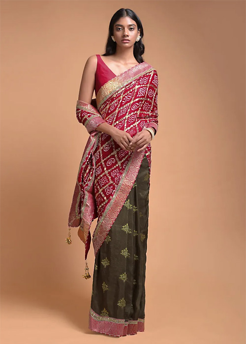 Green And Red Half Saree