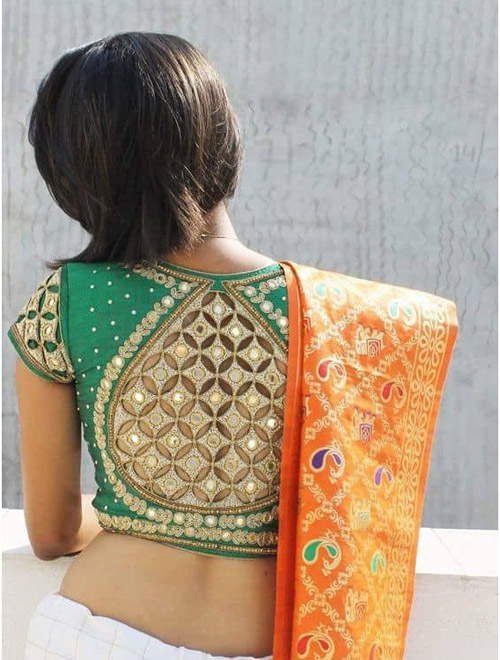 Green Leaf Shape Cut Work Blouse Design