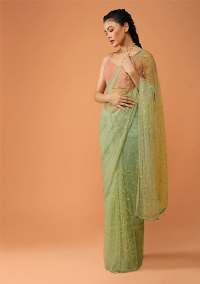 Green Net Saree With Gota Lace Work