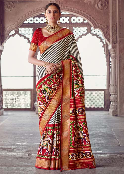 Grey And Red Patola Silk Saree