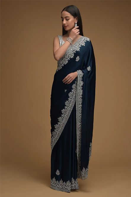 Hand Embroidered Navy Blue Saree