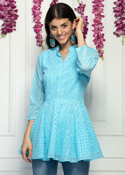 Light Blue Peplum Chikankari Kurti