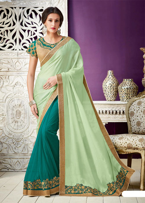 Light Green And Teal Green Half Saree