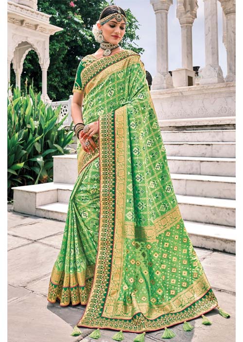 Light Green Checks Patola Saree With Heavy Work Blouse