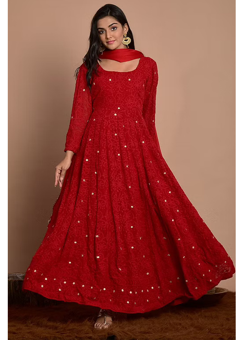 Maroon Anarkali Chikankari Kurta