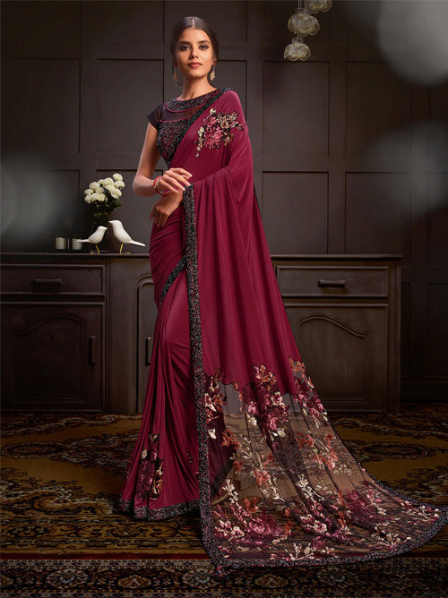 Maroon Designer Saree With Designer Blouse